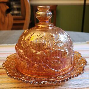 Vintage Carnival Glass Rose Pattern Dome Lid Covered Dish
